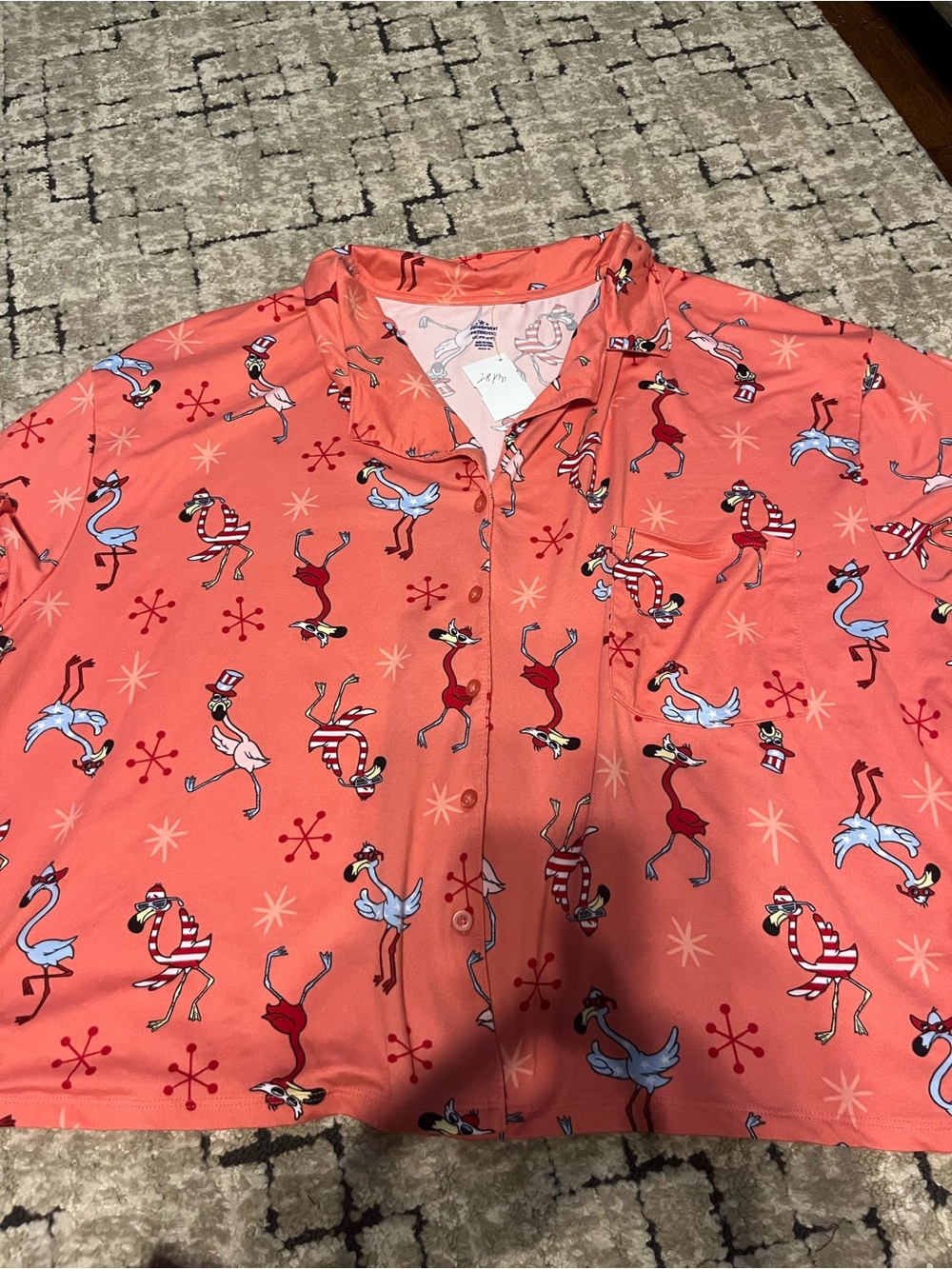 Coral Patriotic Flamingo Print Button-Up PJ Shirt -2x (28 Ptp)